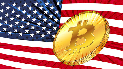 Wall Mural - Gold coin of bitcoin on background of american flag with stars in color. America one of leaders in BTC mining with large hashrate.