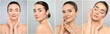 Collage of portraits of young women with beautiful face and good skin on grey background, banner design