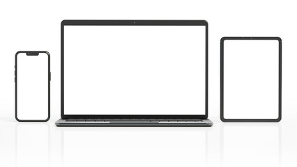 Wall Mural - Laptop computer, smartphone and tablet pc isolated on white background. 3D illustration