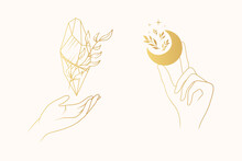 Golden Celestial Hands With Mystical Elements - Moon, Crystal And Stars. Two Vector Boho Illustrations Isolated On White Background.