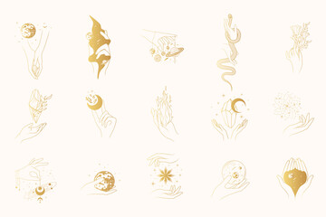 golden celestial esoteric symbols and space bodies isolated set. 15 boho vector illustration for wit