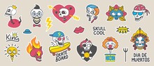 Art Skull Stickers. Doodle Biker Skulls Patches, Flash And Third Eye Funny Characters. Boy Skate Board Sticker, Gothic Punk Style Neoteric Vector Elements