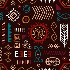 Wall Mural - Seamless ethnic pattern with tribal folk elements, symbols. Abstract background with ancient Mexican repeating print. Endless texture design for textile, fabric. Colored graphic vector illustration