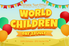 World Children Day 23 July Editable Text Effect 3 Dimension Emboss Cartoon Style