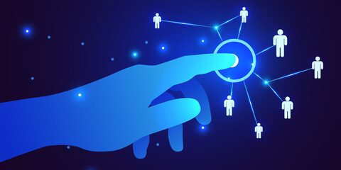 Futuristic hand with people grid. Social media and marketing concept.
