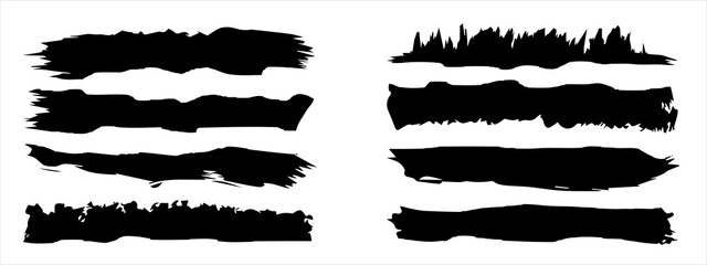Wall Mural - Vector collection of artistic grungy black paint hand made creative brush stroke set isolated on banner background. A group of abstract grunge sketches for design education or graphic art decoration
