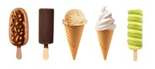 Realistic Vector Ice Cream Set. Soft Serve Realistic Ice Cream, Caramel Waffle Cone, Frozen Fruit Ice, Vector Sweet Food. Chocolate Ice Cream Scoop In Wafer Or Sundae Sorbet. Isolated On White 