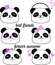 Cute Cartoon Character Panda. Group Panda Vector

