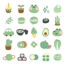 Set Of Cute Cartoon Hand Drawn.Green Color Concept.Beverage,plant,animal,dessert,car,fruit,flower,planet,gift Doodle.Kawaii.Vector.Illustration.