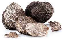 Black Winter Truffles And Truffle Slices On White Background. The Most Famous Of The Trufflez.