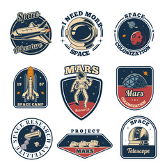 space labels. universe emblems astronaut space exploration science with rockets and helmets professi