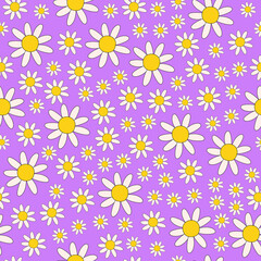 Poster - Retro seamless pattern of colorful hippie daisy flowers on a light purple background. Vintage festive groovy botanical design. Trendy vector illustration in 70s and 80s style.