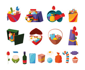 Wall Mural - Gifts collection. Holiday presents in cardboards with ribbons decoration garish vector gifts