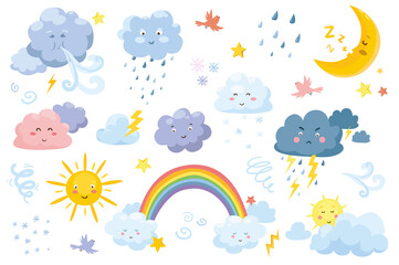 cute weather symbols in cartoon style set isolated elements. bundle of rainy clouds, sleeping cresce