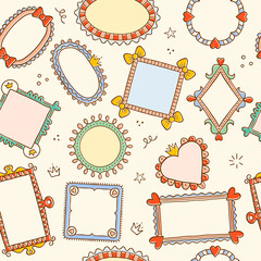 Sticker - Frames pattern. Textile decoration templates with cute funny scrapbook frames recent vector seamless background