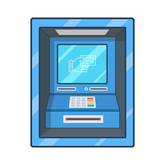 Poster - Blue street ATM teller machine. Hand holding card on screen. Vector illustration.