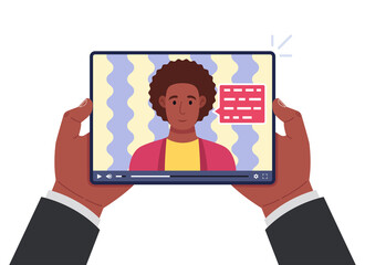 Poster - African businessman hands holding tablet with online training on screen. African man talking on video. Distance education, online learning concept. Vector illustration.