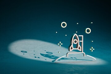 Aufkleber - Beautiful abstract illustrations Rocket and start symbol icon on a dark blue background. 3d rendering illustration. Space exploration..