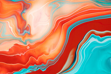 Wall Mural - Fluent acrylic background with mixed overflowing paints. Fluid art texture colored waves and swirling forms. An abstract mixture of liquid colorants that flows up and down making wavy backdrop.