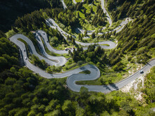 Aerial View Of Cars Driving Along Maloja Mountain Pass Road, Engadin, Graubunden, Switzerland