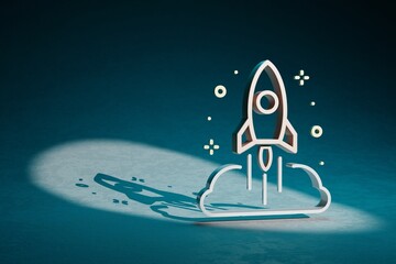 Poster - Beautiful abstract illustrations Rocket Launch and cloud symbol icon on a dark blue background. 3d rendering illustration. Space exploration..