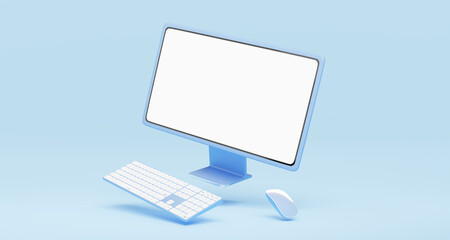 3d Computer monitor, wireless mouse, keyboard float on blue background. Social media marketing online, e commerce, Website digital store, shop app concept. Desktop mockup blank white screen. 3d render