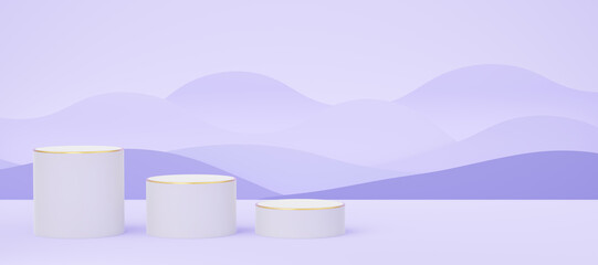 Wall Mural - 3d white cylinder podium with gold border on purple wave background. 3 Empty pedestal mockup space for display product design. Abstract minimal studio geometric shape. Paper cut style. 3d rendering.