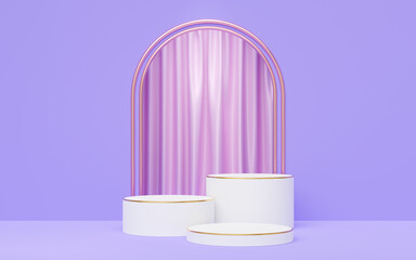 Wall Mural - 3d white cylinder podium with gold border on purple arch, pink curtain background. 3 Empty pedestal mockup space for display product design. Abstract minimal studio geometric shape object. 3d render.