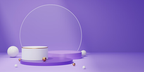 Wall Mural - 3d Purple marble cylinder podium, gold border, ball on white glass arch circle background. 3 Empty pedestal mockup space for display product. Abstract minimal studio geometric shape object. 3d render.