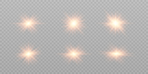 Leinwandbilder - Set of flares, lights and lines. Abstract golden lights isolated on transparent background. Bright light flashes with glare. Bright beams of light. Vector illustration. EPS 10