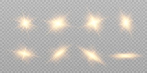 Leinwandbilder - Set of flares, lights and lines. Abstract golden lights isolated on transparent background. Bright light flashes with glare. Bright beams of light. Vector illustration. EPS 10