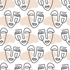 Wall Mural - People one line drawing women faces seamless pattern