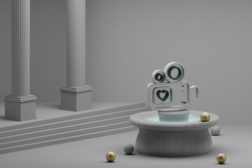 Aufkleber - Beautiful abstract illustrations Video Camera with heart symbol icon on a fountain and column background. 3d rendering illustration. Background pattern for design. Wedding day.