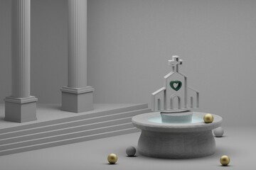 Poster - Beautiful abstract illustrations Wedding Church with heart symbol icon on a fountain and column background. 3d rendering illustration. Background pattern for design. Wedding day.