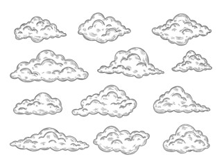 sketch clouds. vintage cloud hand drawn hipster style. atmosphere and sky doodle elements. retro eng