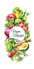 Wall Mural - Vegan Market. Fresh vegetables. Hand drawn watercolor illustration, isolated on white background