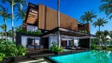 3d Rendering Of Modern Cozy House With Parking And Pool For Sale Or Rent With Wood Plank Facade By The Sea Or Ocean. Sunny Day By The Azure Coast With Palm Trees And Flowers In Tropical Island