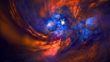 Abstract Fractal Art Background Which Suggests Hot Orange Gases And Bubbles Being Pulled Into A Cold Blue Vortex.