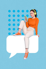 Aufkleber - Vertical collage portrait of positive person sitting big dialogue chat icon hold telephone listen music isolated on creative background