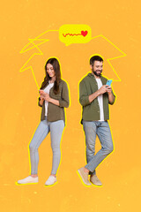  Vertical collage picture of two people use hold telephone chatting social media conversation isolated on yellow drawing background