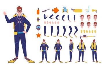 Diver character creation. Man boy in scuba flippers diving mask, swim clothing divers animation snorkeling from boat swimming aqualung summer dive, kit splendid vector illustration