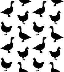 Wall Mural - Vector seamless pattern of hand drawn flat chicken and goose silhouette isolated on white background