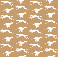 Sticker - Vector seamless pattern of hand drawn running whippet dog silhouette isolated on brown background