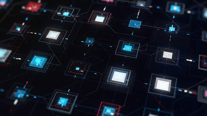 Poster - High tech computer circuit board with many signals flowing fast on black background. Animation. Animation. Abstract microcircuit with colorful square shaped pulsating details.