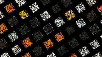 Aufkleber - Technological background with parallel rows of orange, yellow, white, and black square shaped QR codes. Animation. Many same size QR codes on black background, seamless loop.