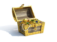 Open  Treasure Chest Full Of Golden Coins, Gems And Pearls, 3d Rendering