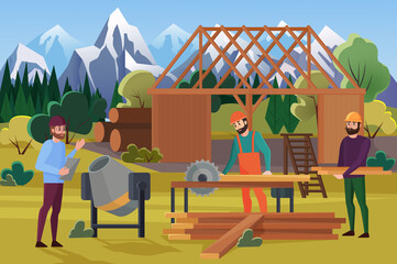 Poster - Workers build wooden residential house in forest. Cartoon team of contractors in uniform and engineer working at construction site, making new home flat vector illustration. Architecture concept