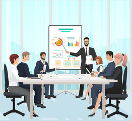 Poster - Business people meeting on conference in board room. Cartoon team of professional corporate managers training with leader, businessman showing presentation flat vector illustration. Seminar concept