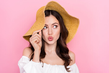 Sticker - Photo of stunning attractive coquettish lady enjoy summer vacation daydreaming isolated on pink color background