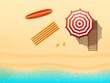 Beach top view background vector, sea, flip flops, surfboard, umbrella, lounger. realistic vector illustration